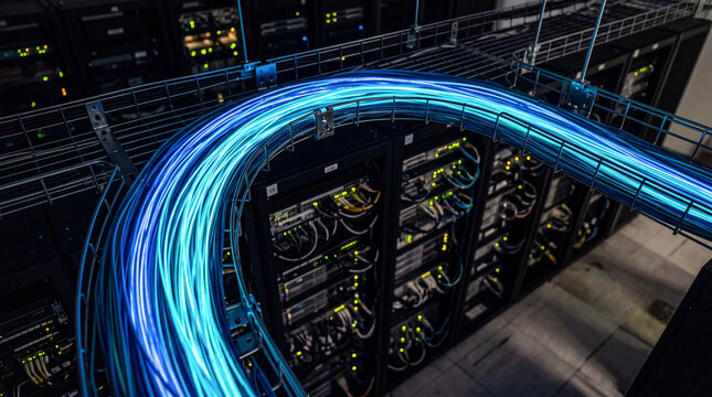 Curved overhead cable tray with blue cables in data center