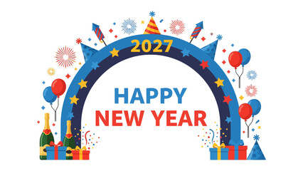 Naklejka premium Happy New Year 2027 Celebration Arch: A vibrant archway adorned with festive New Year's elements, including balloons, fireworks, party hats, gift boxes, and champagne bottles.