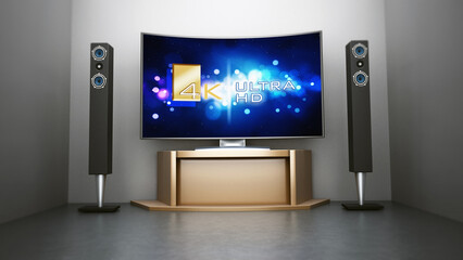 Fototapeta premium Ultra HD Curved TV with home theater system in the room. 3D illustration