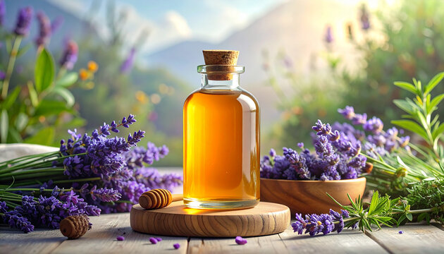 Honey bottle and lavender flowers composition with wooden elements outdoor
