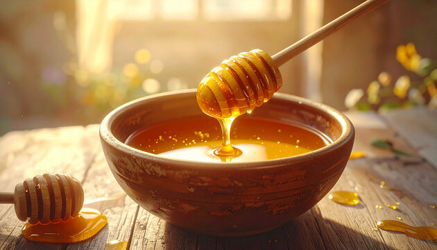 Honey dripping from wooden dipper into a bowl warm sunlight food illustration