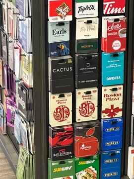 Gift cards retail display, June 20, 2026, Alberta, Canada, For editorial use only.