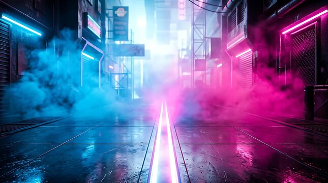 Neon lit city alleyway with smoke and wet pavement cinematic scene