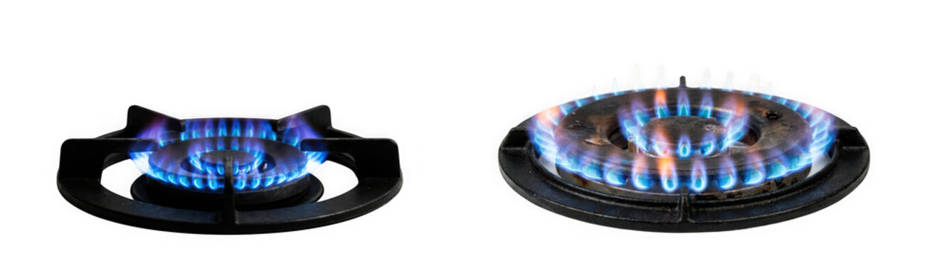 Gas stove burner with blue flames isolated on transparent background