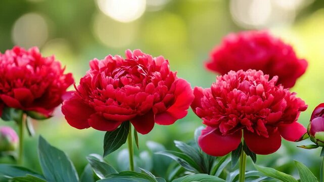 selective focus close up red peonies glistening with morning dew