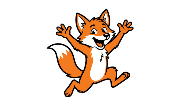 Cute cartoon fox character with arms raised in excitement