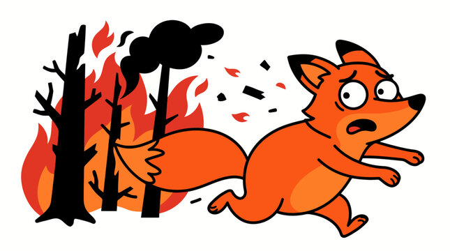 A frightened cartoon fox flees in panic from a devastating forest fire, illustrating ecological destruction and danger