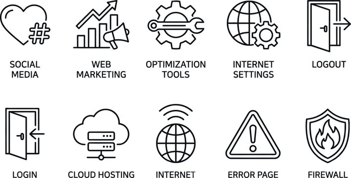 Set of line style website development icons featuring digital infrastructure management tools and server hosting.
