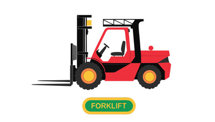 Naklejka premium Very beautiful realistic vector illustration of a FORKLIFT featuring detailed lifting forks and warehouse machinery styling, isolated on white background, with a label reading 