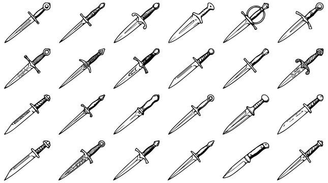 Daggers with Various Medieval Designs and Handles in a Collection of 24 Different Styles Featuring Dagger, Weapon, Blade