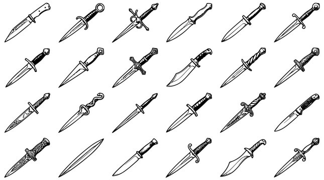 Dagger Set of Medieval Style Knives Arranged in Rows with Detailed Hilts and Blades for Fantasy Design Backgrounds