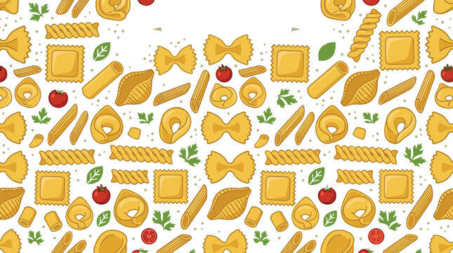 Italian pasta seamless pattern with assorted pasta varieties, tomatoes, herbs, and culinary ingredients for food packaging and kitchen backgrounds