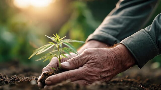 Closeup of an elderly farmers hands holding a young cannabis plant with soil