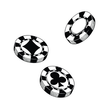 Vintage Casino Poker Chips Set Illustration, Black and White Engraving Vector Art