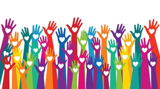 Many colorful hands raised up high with white heart symbols on a bright isolated background
