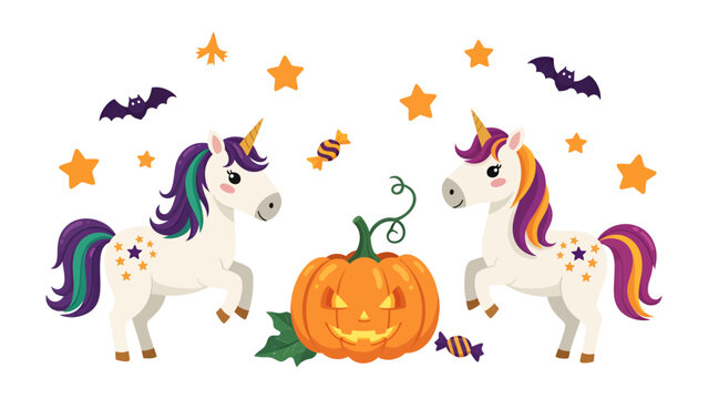 Spooky Unicorn Halloween Party: Two whimsical unicorns flank a carved jack-o'-lantern, surrounded by candy, stars, and bats, creating a festive and magical Halloween scene for children.
