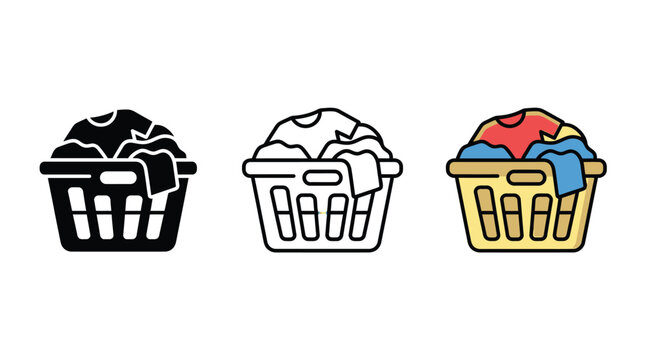 Three laundry basket icons displayed in solid black, thin outline, and vibrant colorful flat styles