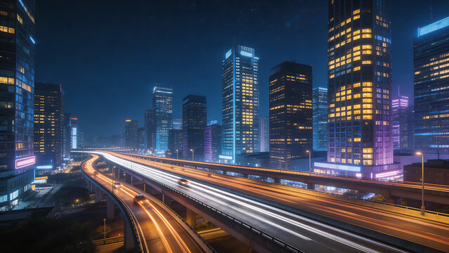 Nighttime cityscape with illuminated skyscrapers and traffic