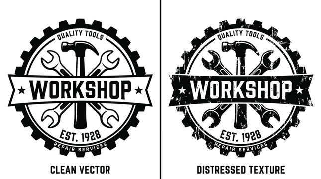 Monochrome workshop logo design featuring crossed wrenches and a hammer inside a circular gear frame