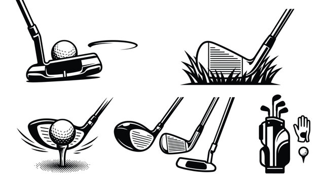 Collection of black and white golf equipment icons featuring clubs balls bags and sport accessories