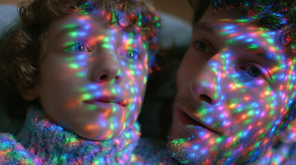 Fototapeta premium Vivid Rainbow Light Portrait of Child and Adult Sharing a Joyful Learning Moment