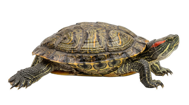 Red eared slider turtle on black background