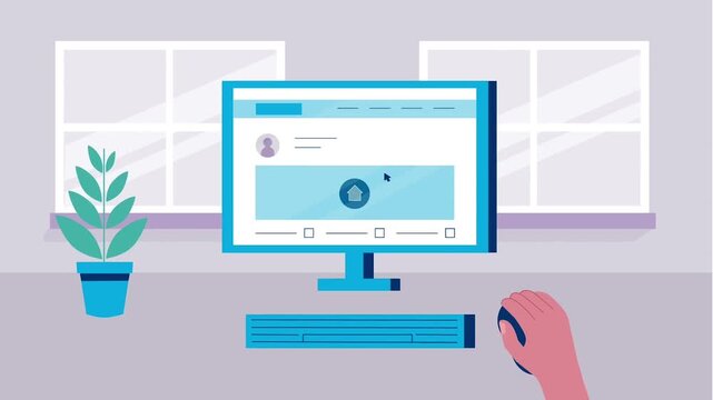 Computer Loading Process, File Upload and Document Submission Interface on Desktop Computer 2D Animation