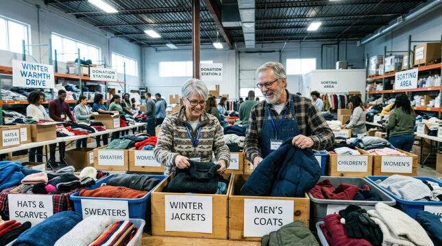 Couple organizing donated clothing donation volunteer clothing charity community sorting clothes in warehouse with warm smile winter garment aid drive