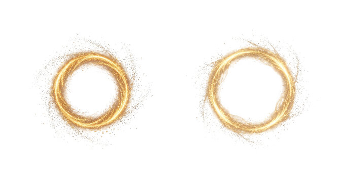 Golden magic circle with glitter particles and light trail isolated on transparent background