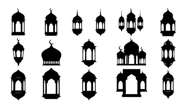 Islamic Ramadan Lantern and Mosque Silhouette Vector Icon Set for Eid Mubarak Greetings, Arabic Cultural Events, and Traditional Holiday Background Designs