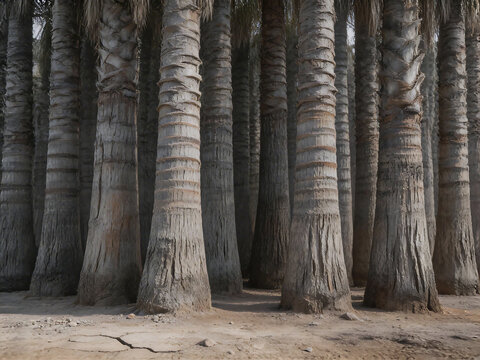 Tall palm tree trunks in dry ground