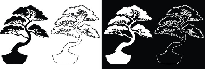 Obraz premium Traditional Japanese bonsai tree in a pot vector silhouette and line art outline variations