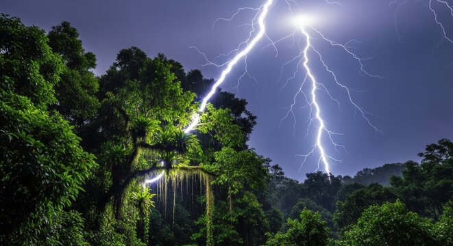 Powerful Lightning Bolt Illuminates Tropical Stormy Sky Over Lush Forest