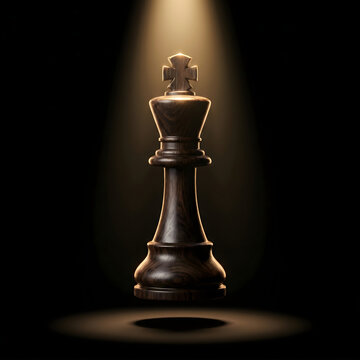 Single black chess king piece illuminated by dramatic spotlight with strategy checkmate spotlight