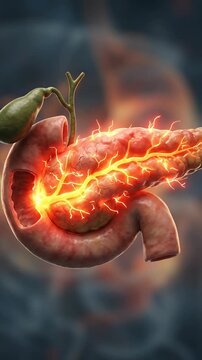 Pancreatic disease, severe inflammation of the human pancreas, painful medical condition, acute pancreatitis concept, digestive system health concern, internal organ anatomy