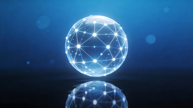 Glowing network sphere on reflective surface