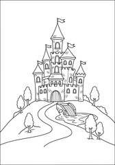 Naklejka premium Medieval fantasy castle with towers and bridge vector graphic illustration for children's coloring book