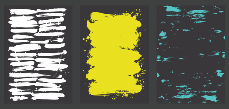 A striking triptych of abstract flat vector brushstrokes in white, yellow, and cyan against dark backgrounds, emphasizing dynamic texture and contrast.