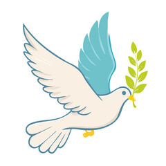 Fototapeta premium Cartoon dove with olive branch on white background
