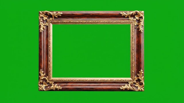 Antique Wooden Picture Frame with Gold Ornaments on Green Screen Background