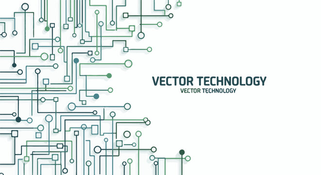 A green and blue circuit board design with text