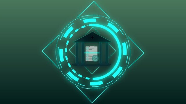 Digital banking interface with bank building icon inside HUD. Corporate digital banking interface for online transaction security applications. Fintech bank dashboard.
