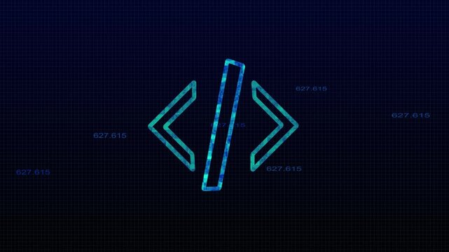 Abstract digital code symbol with textured overlay on dark. Creative abstract digital code symbol for software engineering brand graphics. Tech abstract code symbol.