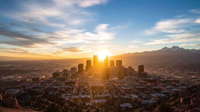 Aerial city skyline at sunrise with glowing skyscrapers and mountains at dawn