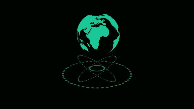 Holographic earth globe with orbital rings on black background. Global holographic earth globe for futuristic telecommunications mapping. Tech holographic earth globe.