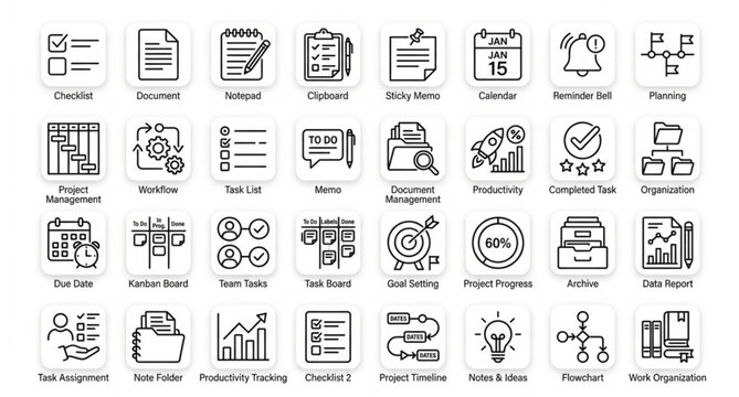 Task management thin line icon set with checklist reminder and productivity symbols