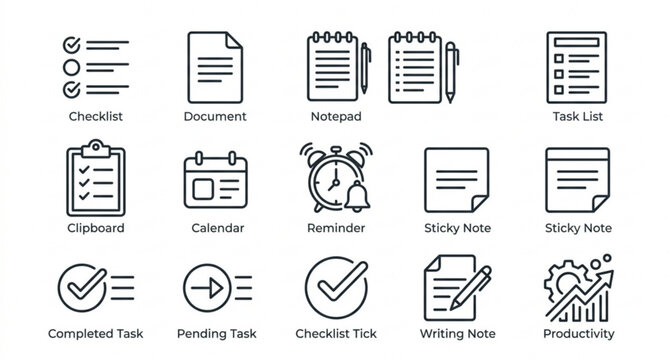 Document and checklist icon pack with workflow and productivity symbols