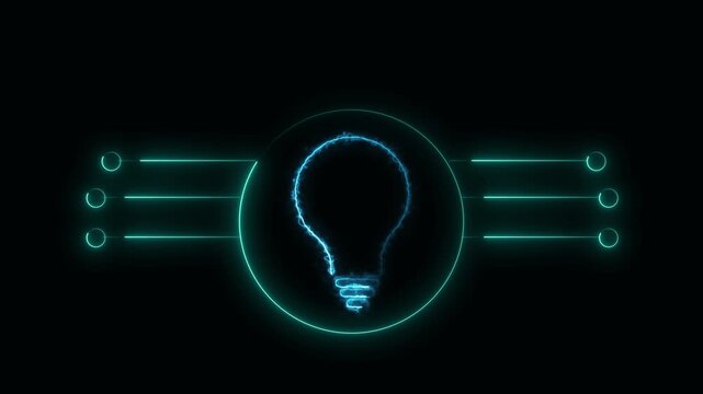 Glowing neon light bulb icon with circuitry elements on black. Creative glowing neon light bulb icon for digital innovation concepts. Innovative glowing neon light bulb.
