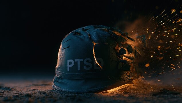 Shattered Military Helmet with PTSD Inscription Symbolizing Psychological Trauma and Mental Health Struggles