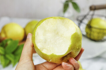 Fresh Jade Pear Cut in Half - Xian Shanxi Variety with Dew © CanVan
